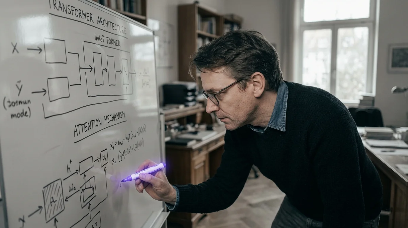 Architektonische Darstellung des Attention-Mechanismus mit violett leuchtenden Verbindungslinien zwischen Schichten